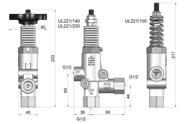 Разгрузочный клапан UL 221/100 H - 50 л/мин, 100 бар